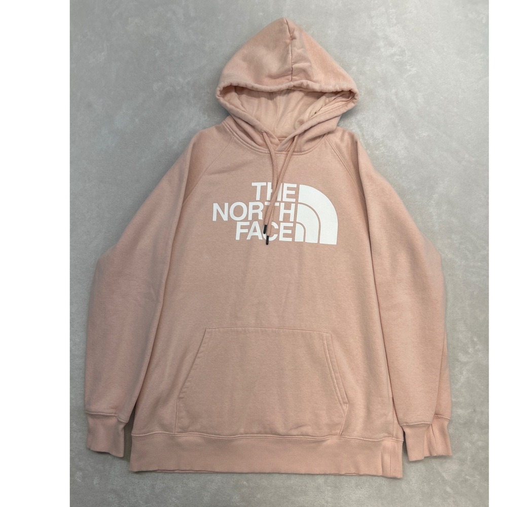 The North Face Hoodie Womens L Pink Peach Pullover Logo Raglan Sweatshirt